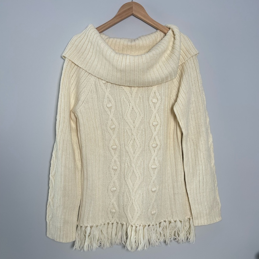 Sundance | Cream Cable Knit Alpaca Wool Blend Fringe Trim Off Shoulder Sweater